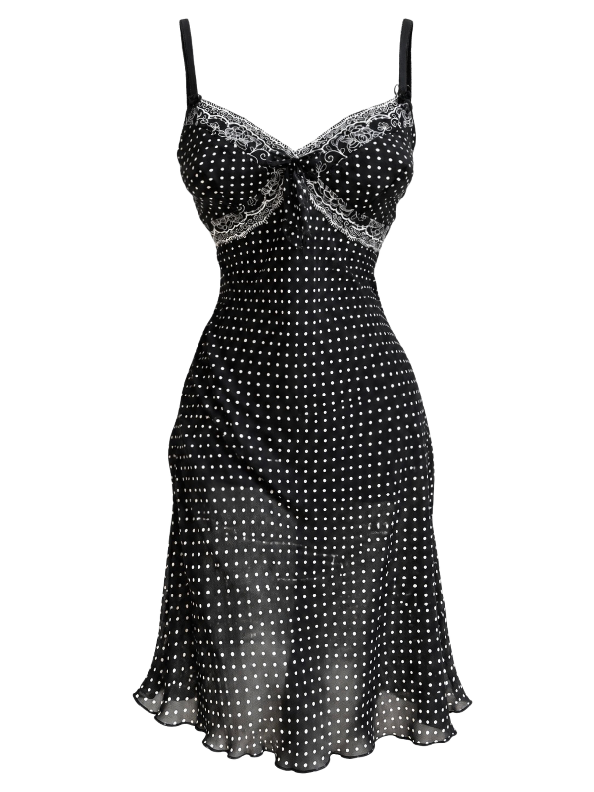 Mesh Polka Dot Lace Trimmed Midi Slip Dress