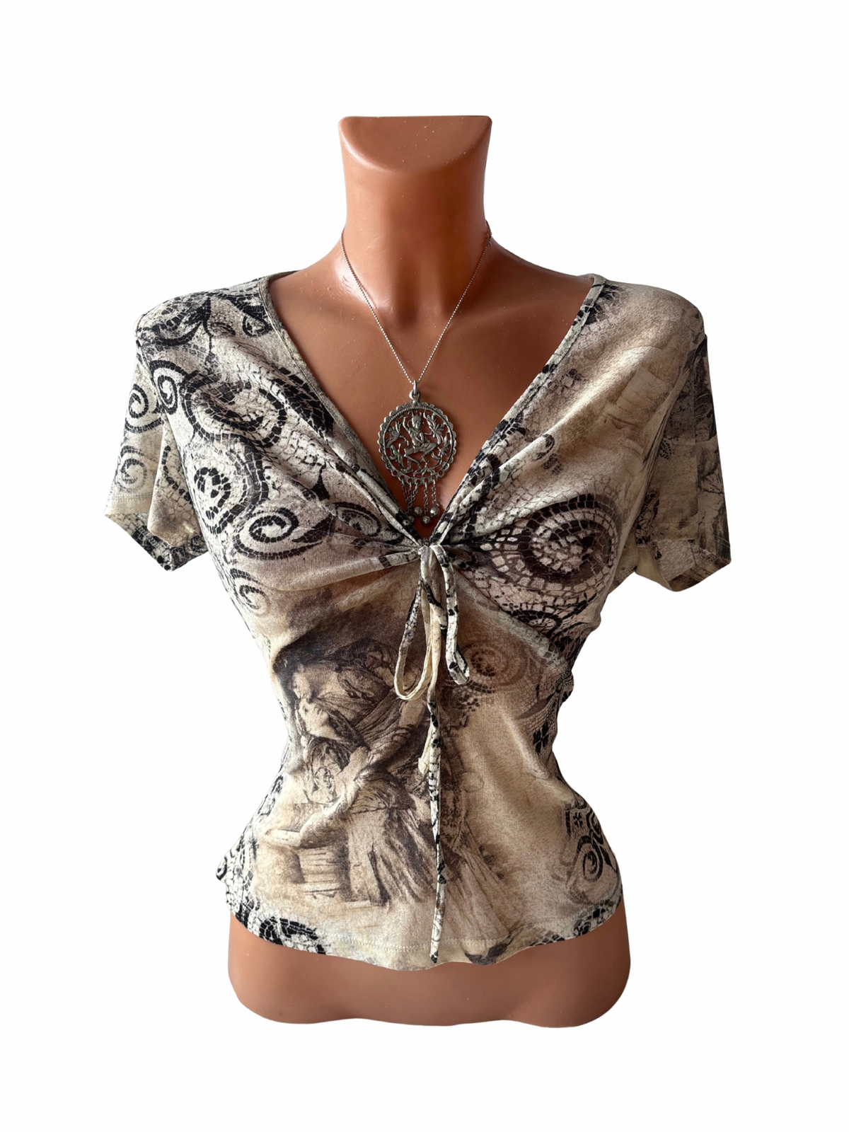 Art Print Tie-Front Mesh Top