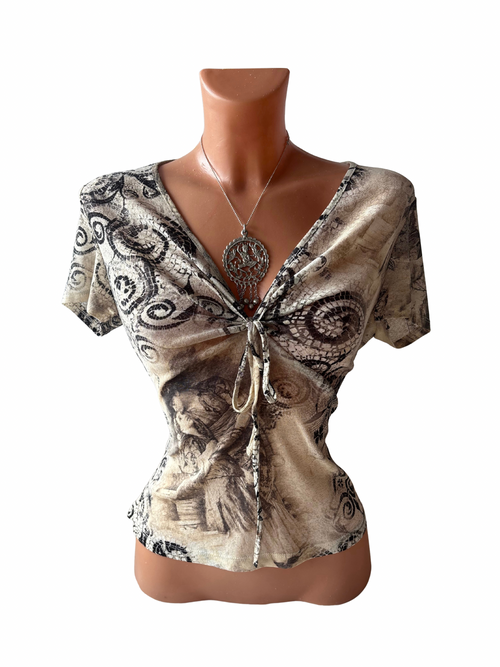 Art Print Tie-Front Mesh Top