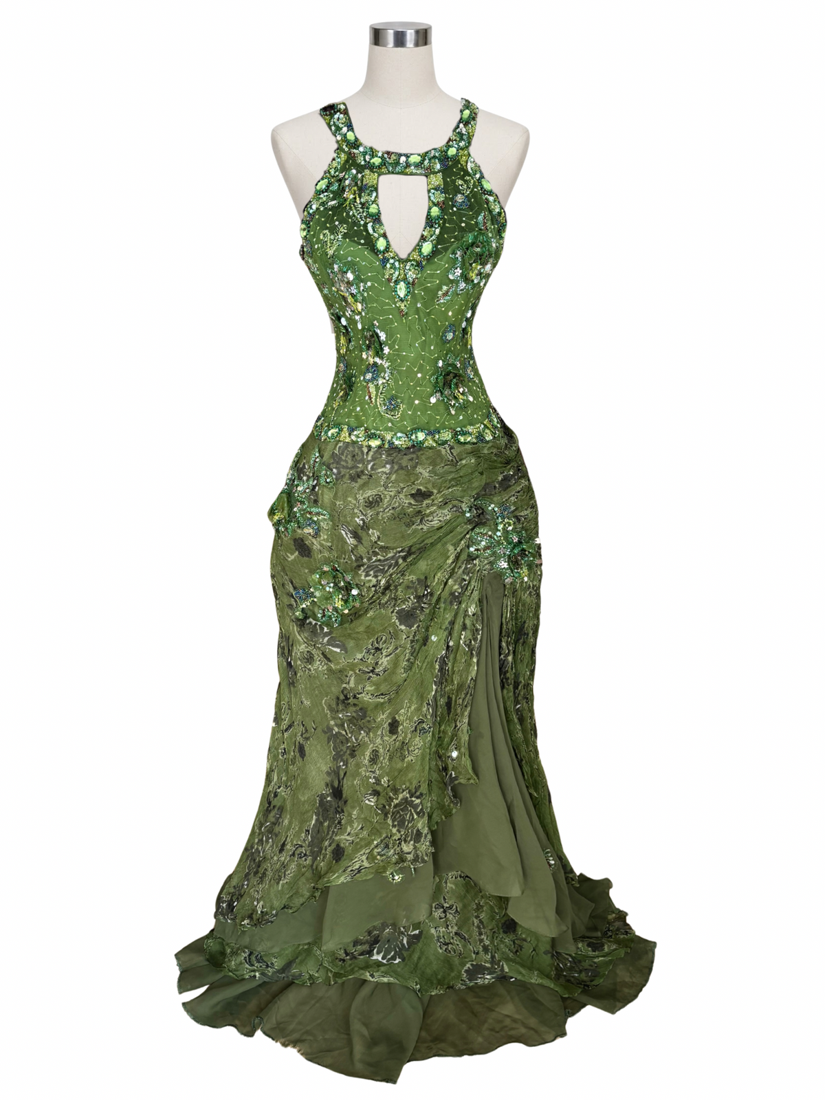 Silk Hand Beaded Fairycore Green Halter Dress