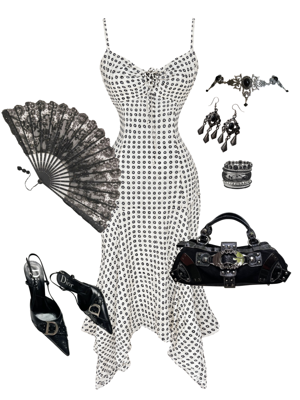 Silk Floral Dot Hanky Hem Midi Dress