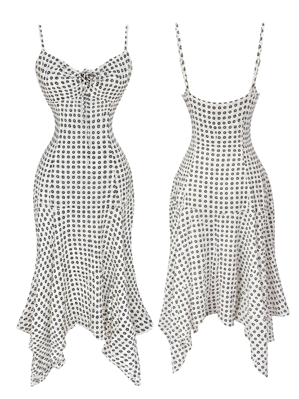 Silk Floral Dot Hanky Hem Midi Dress