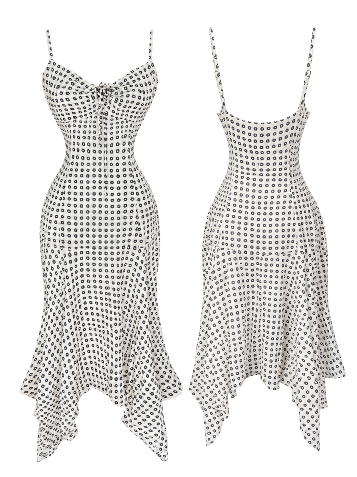 Silk Floral Dot Hanky Hem Midi Dress