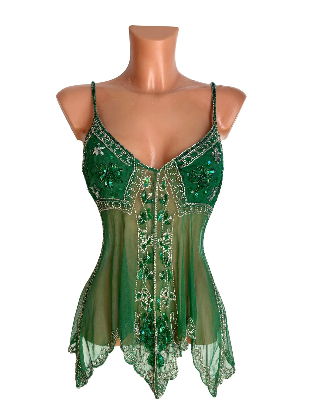 Emerald Fairycore Beaded Camisole Mesh Top