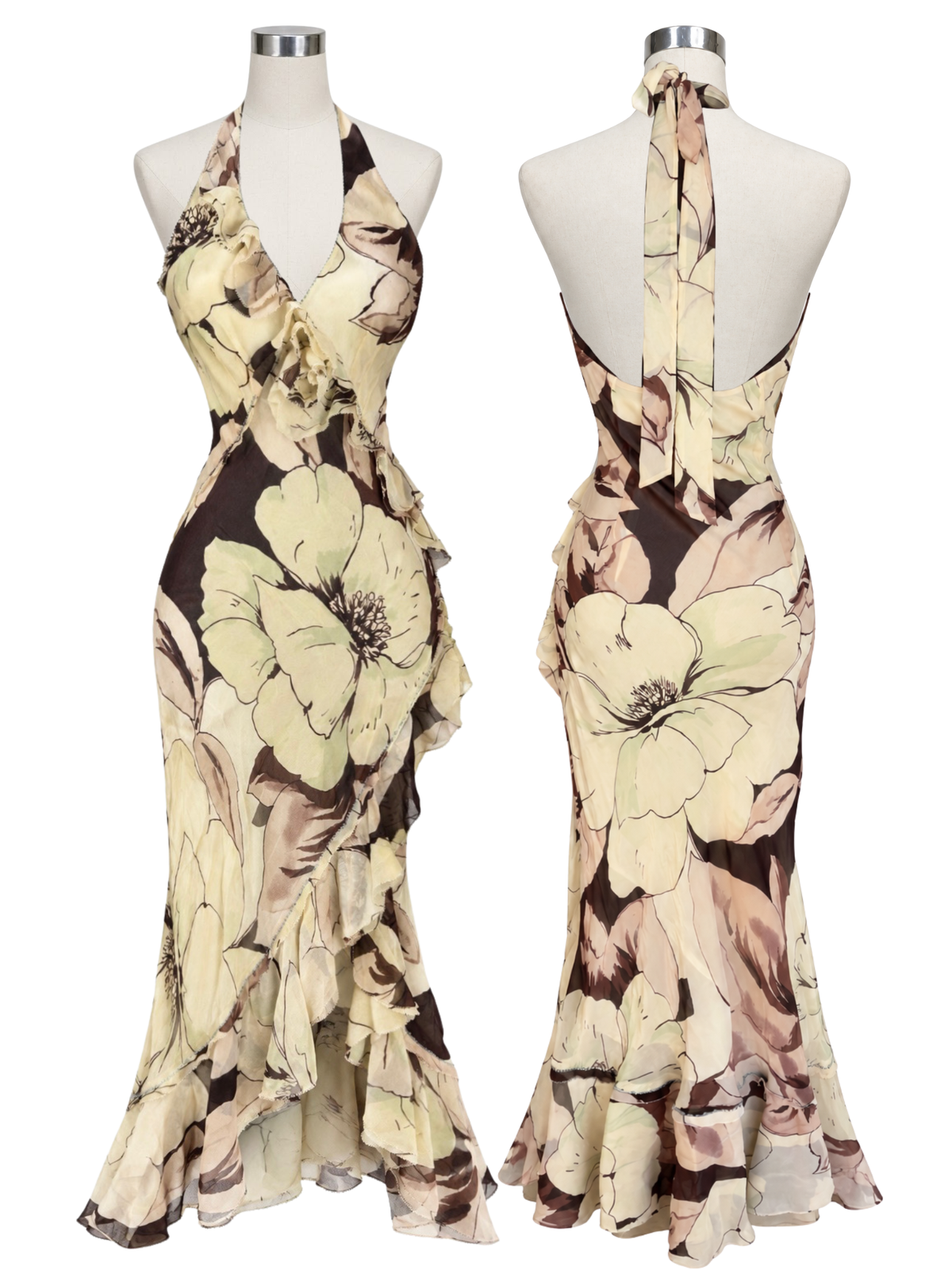 Silk Halterneck Floral Ruffle Dress