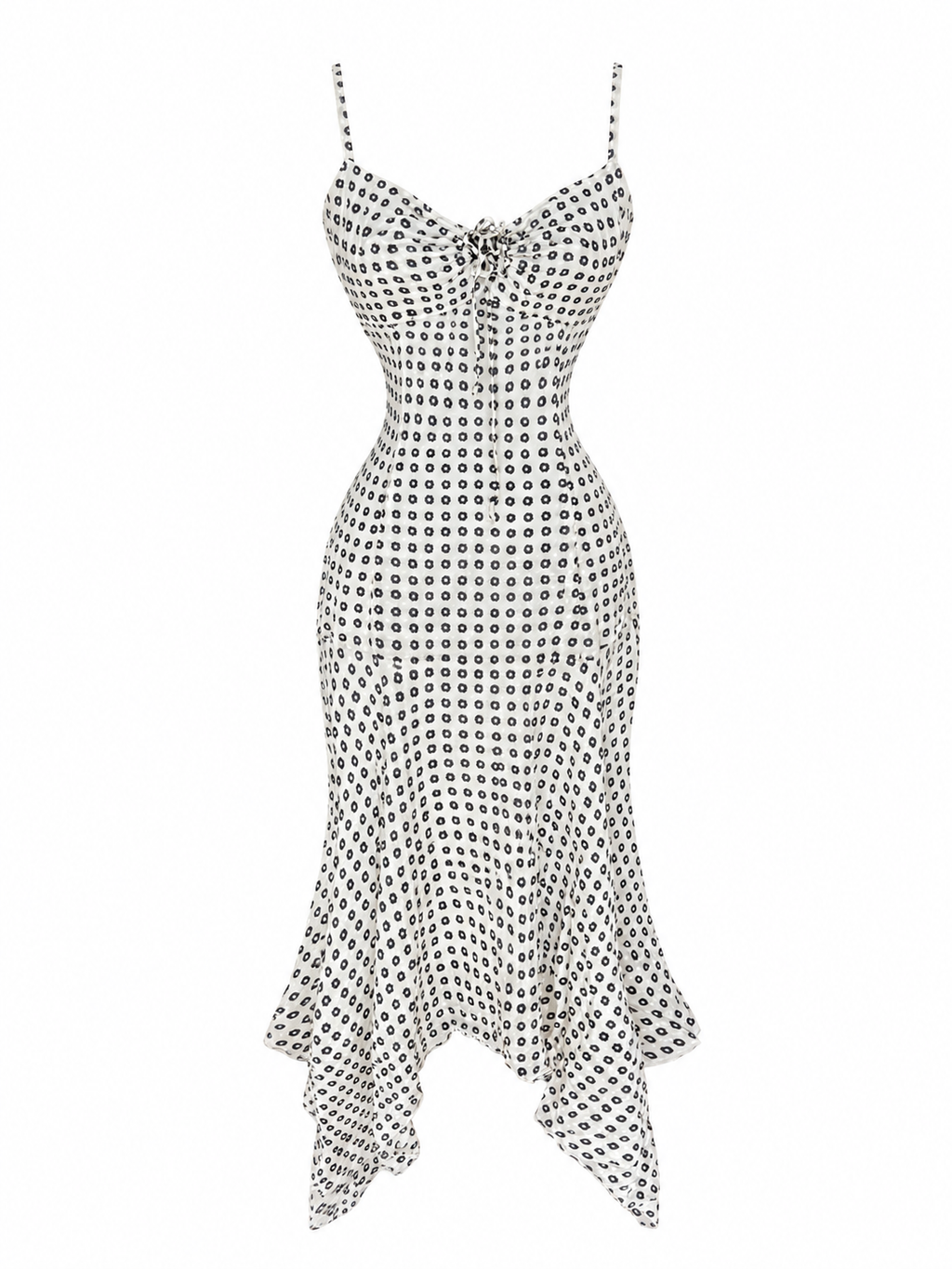 Silk Floral Dot Hanky Hem Midi Dress