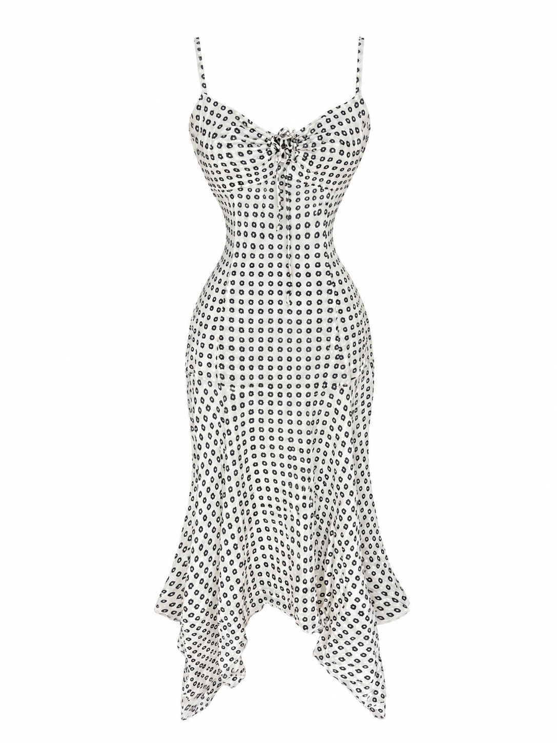 Silk Floral Dot Hanky Hem Midi Dress