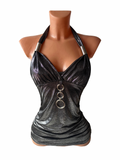 Metallic Silver & Black Halter Disco Top