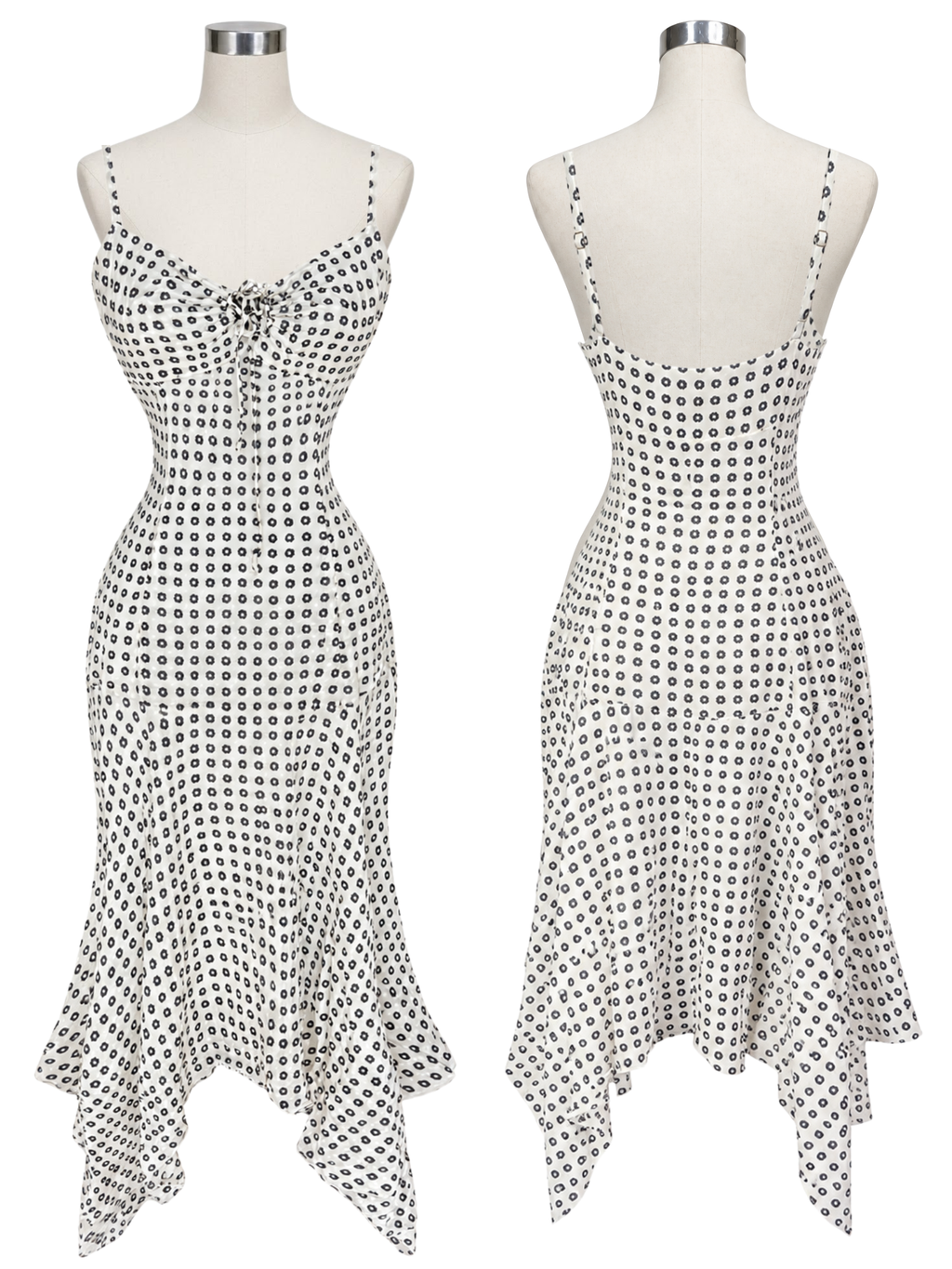 Silk Floral Dot Hanky Hem Midi Dress