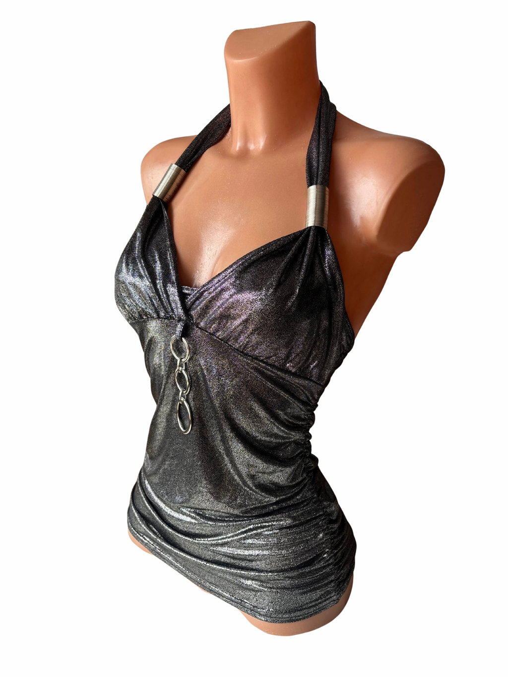 Metallic Silver & Black Halter Disco Top