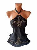 Y2K Boho Gold Embroidered Halter Top