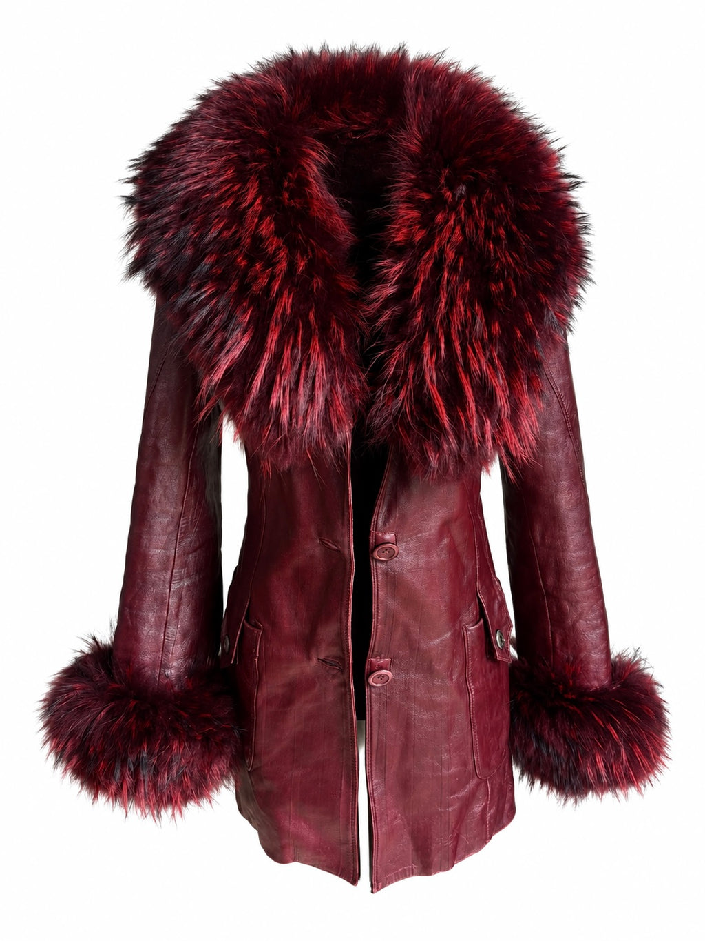 Leather & Fur Vintage Cherry Red Coat