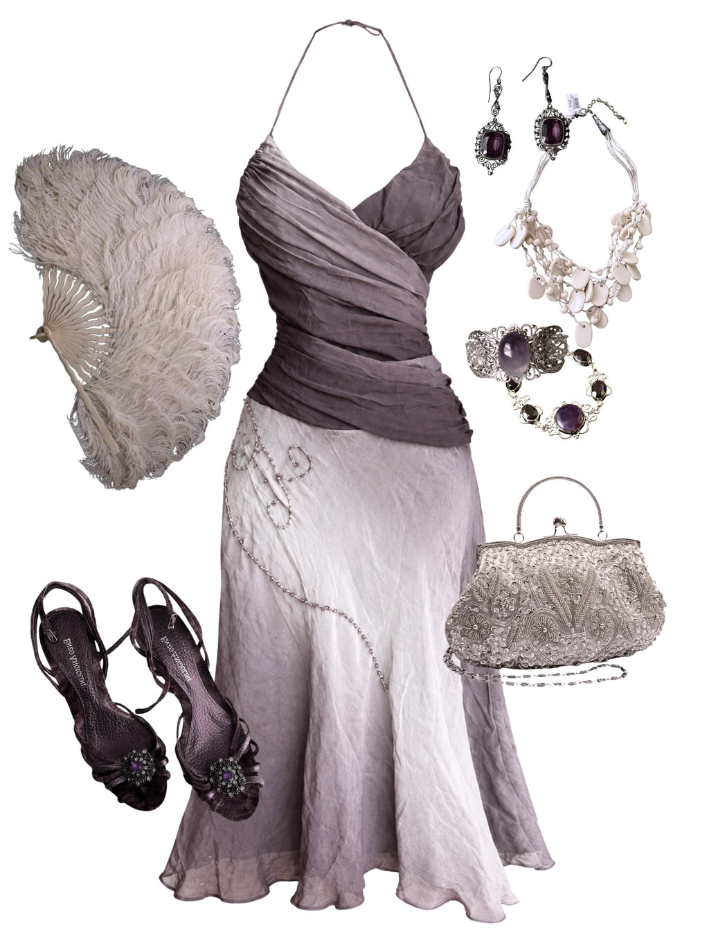 Silk Dusty Lilac Beaded Halter Dress