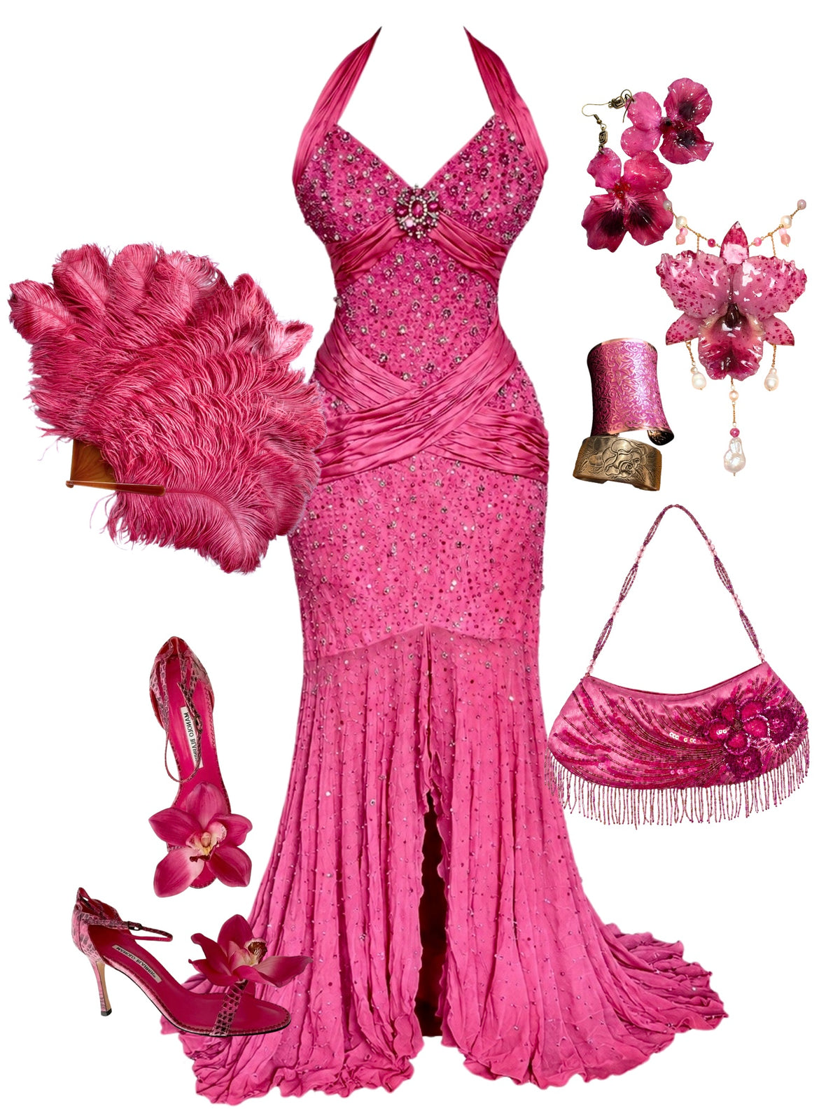 Silk Hand-Beaded Crystal Halter Maxi Dress