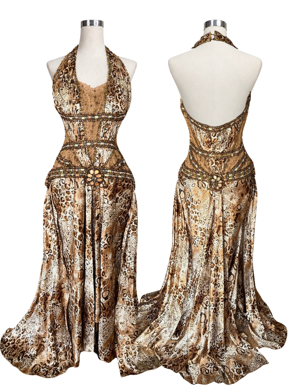 Animal Print Hand-Beaded Halter Maxi Dress