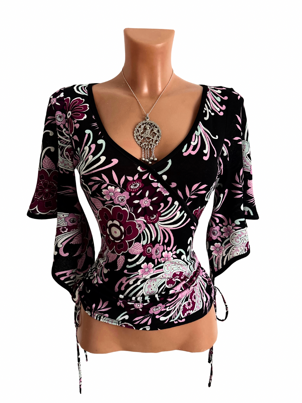 Boho Whimsigoth Floral Print Bell Sleeve Wrap Top
