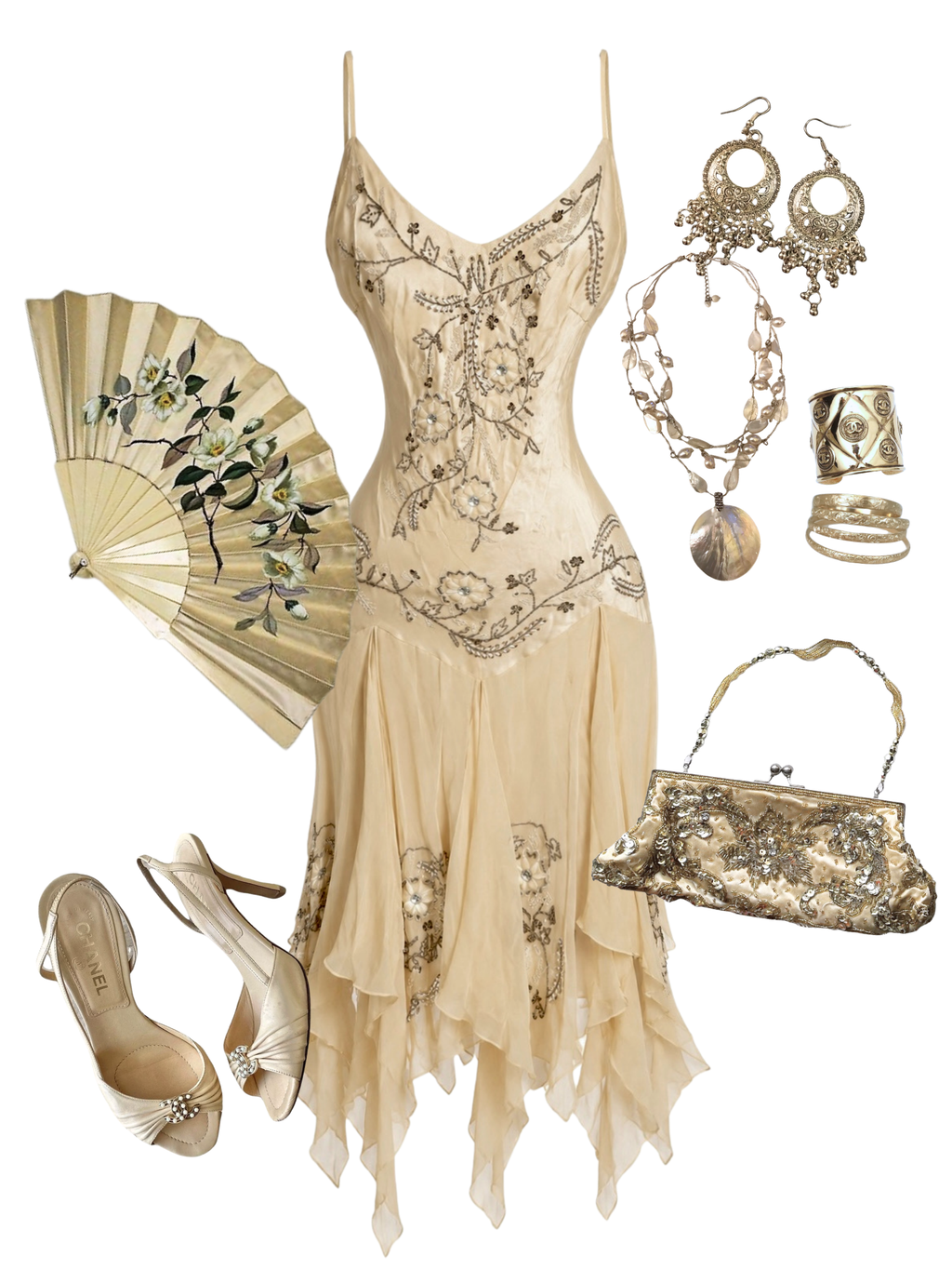 Sue Wong Vanilla Garden Silk Beaded Midi Dress