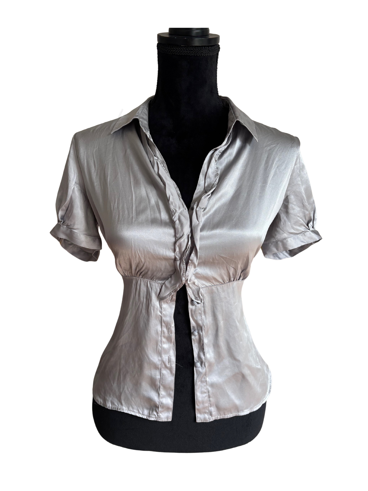 Silk Vintage Metallic Grey Blouse with Back Tie