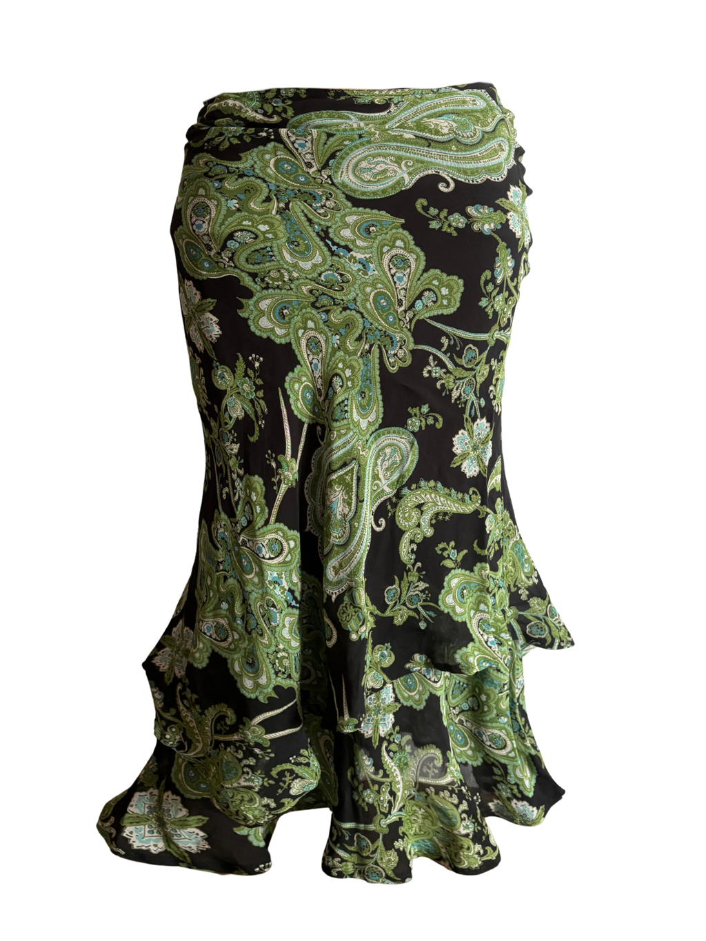 Green Black Paisley Tiered Ruffle Maxi Skirt