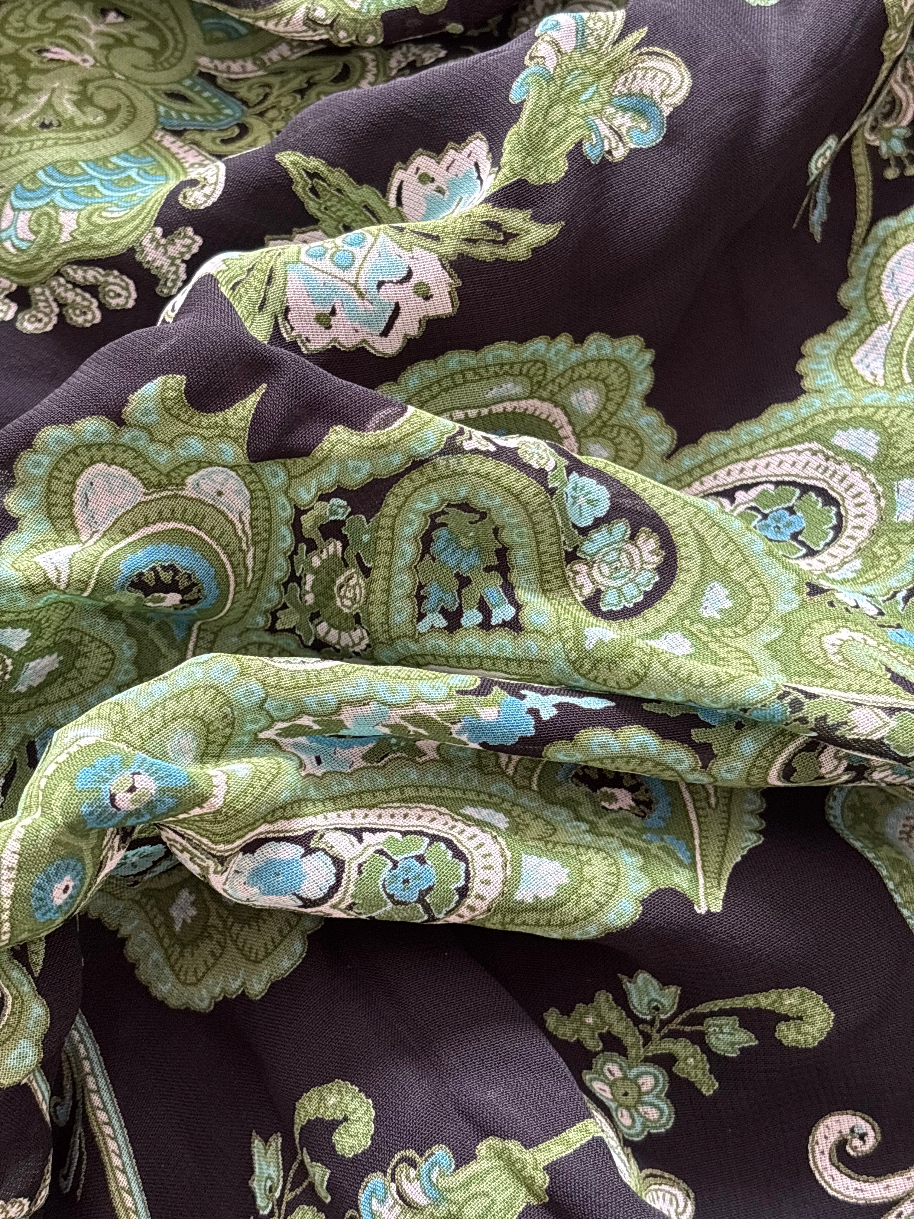 Green Black Paisley Tiered Ruffle Maxi Skirt