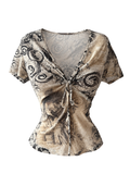Art Print Tie-Front Mesh Top
