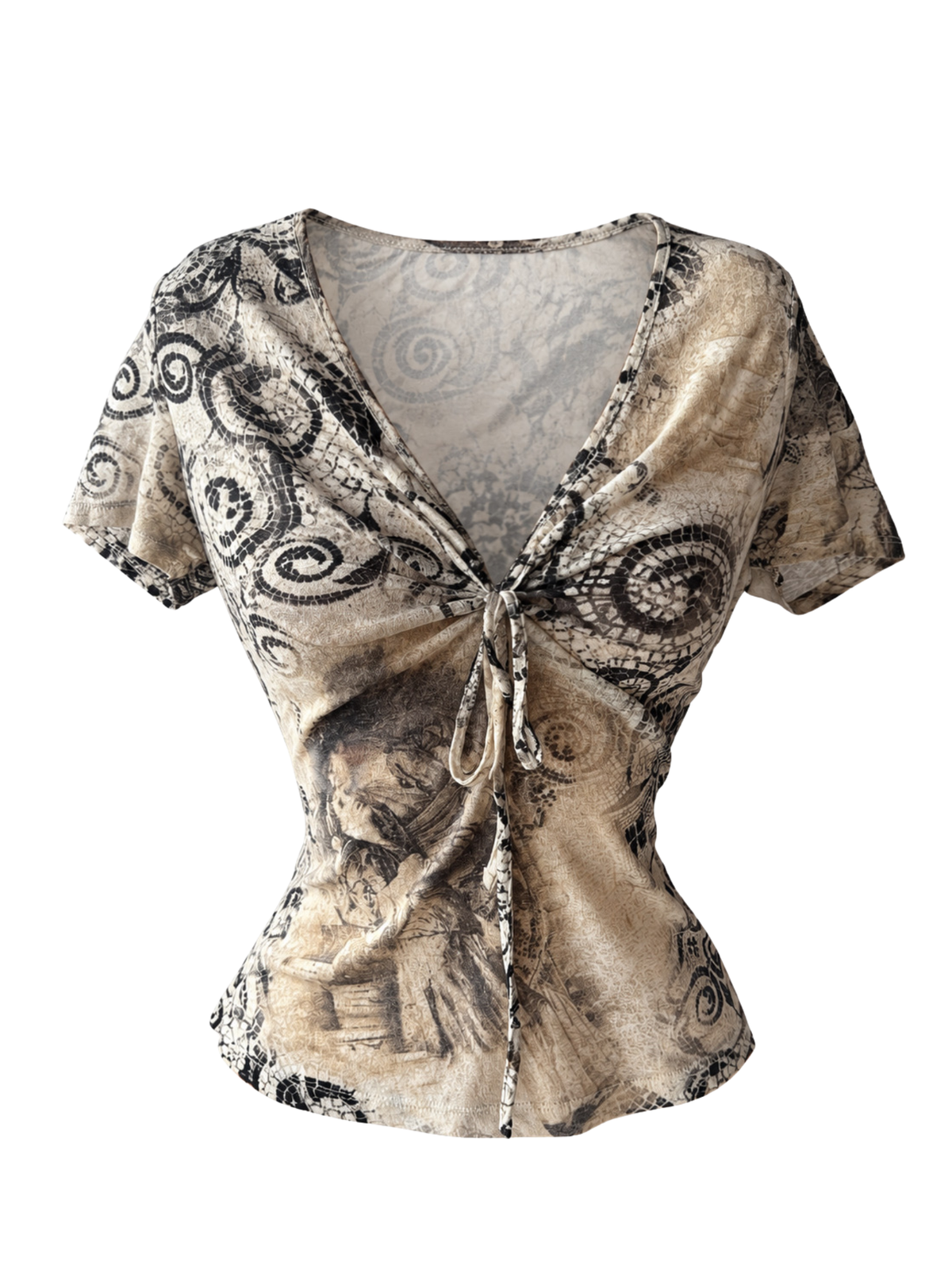 Art Print Tie-Front Mesh Top