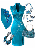 Jane Norman Oriental Turquoise Satin Midi Dress