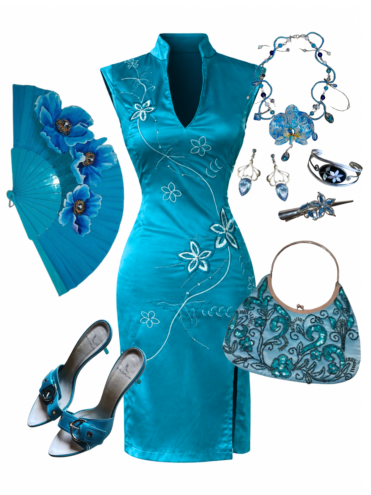 Jane Norman Oriental Turquoise Satin Midi Dress