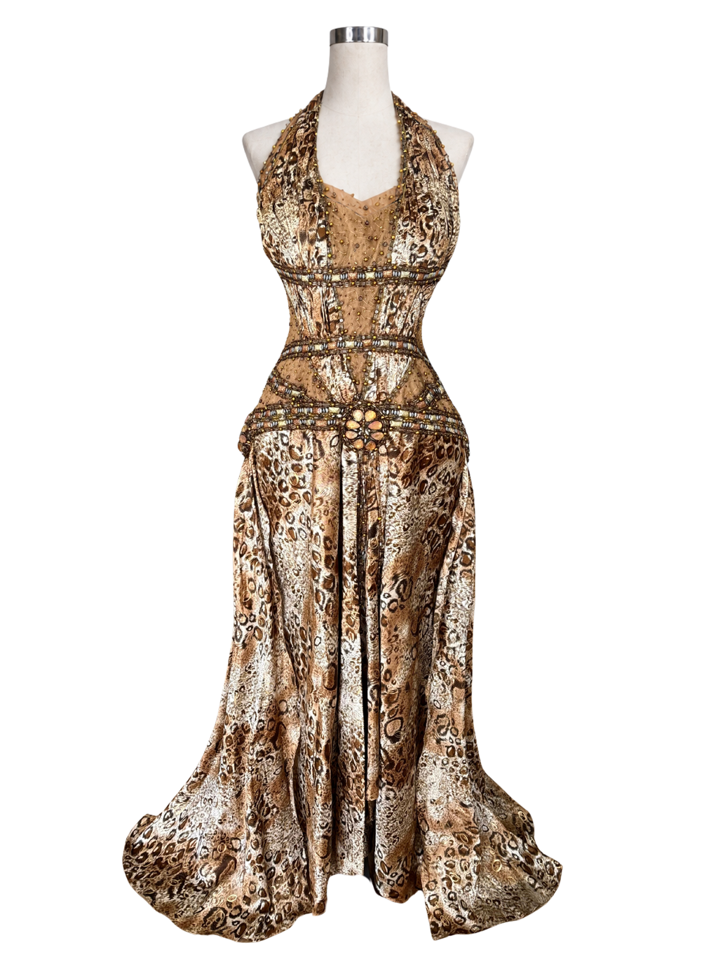 Animal Print Hand-Beaded Halter Maxi Dress