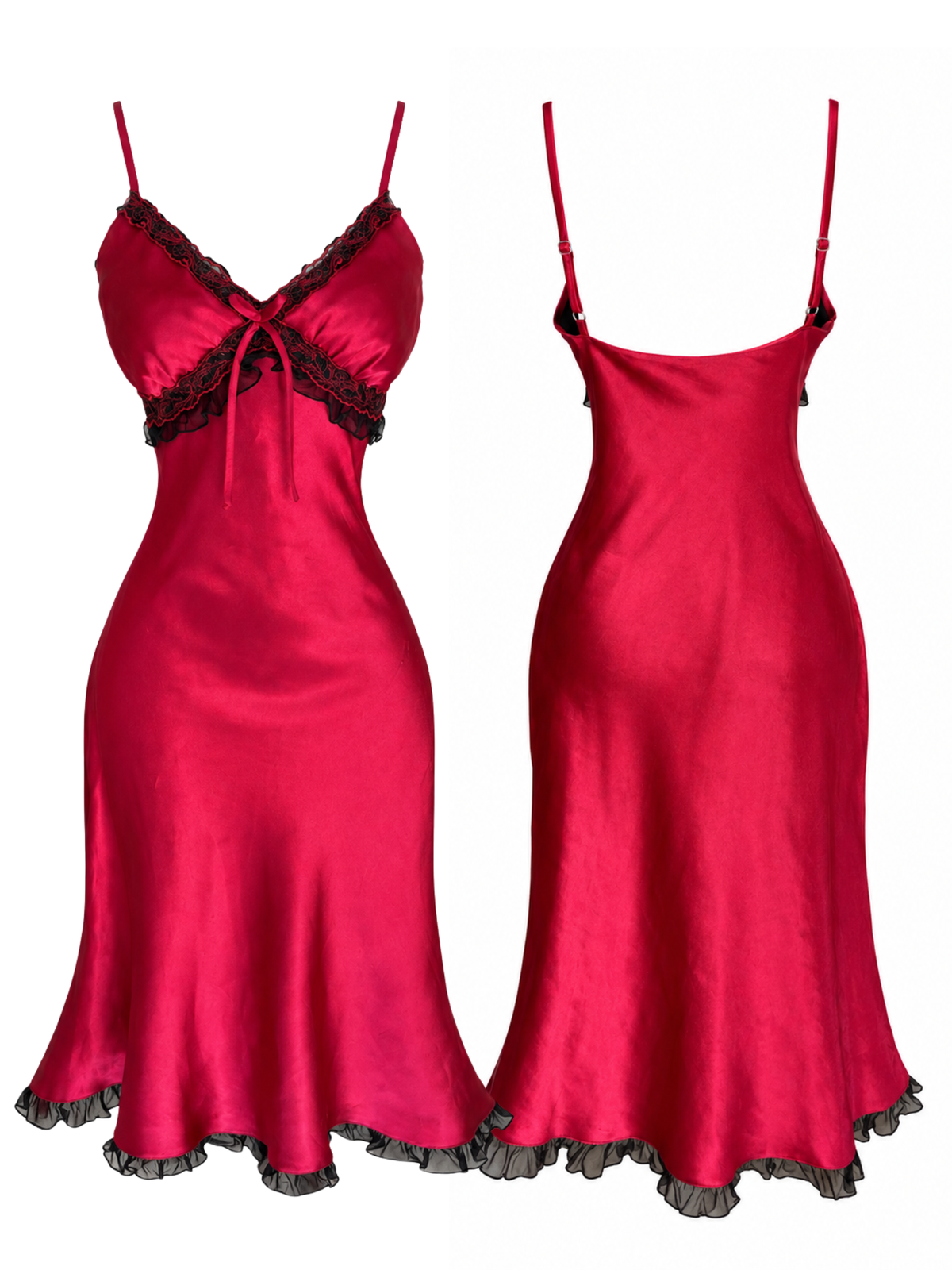 Satin Lace-Trimmed Gothic Style Midi Dress