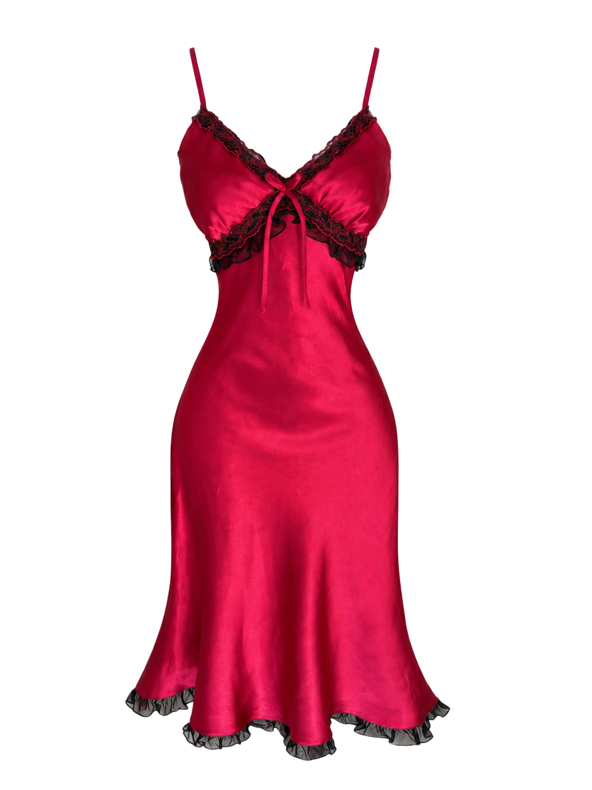 Satin Lace-Trimmed Gothic Style Midi Dress