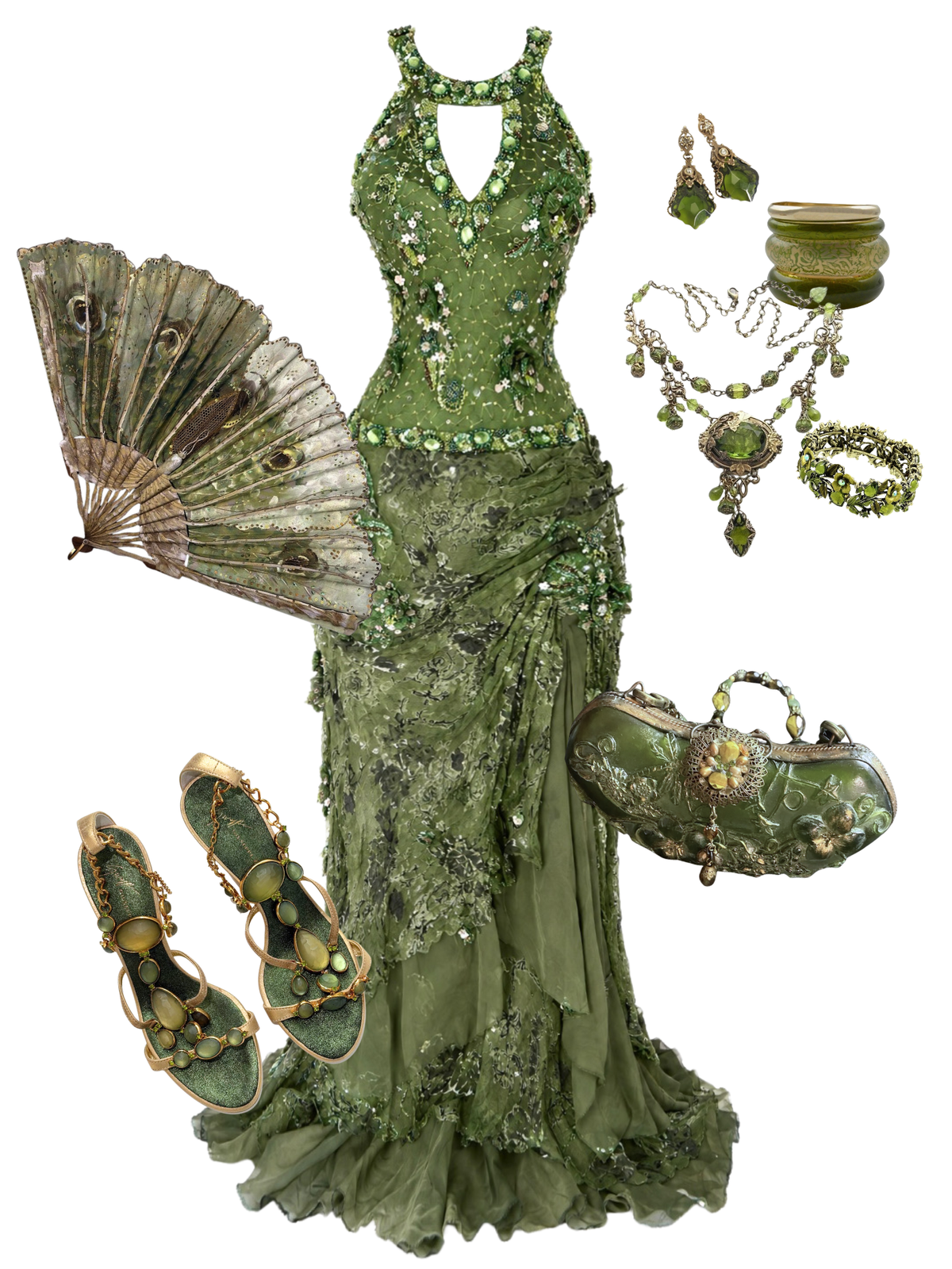 Silk Hand Beaded Fairycore Green Halter Dress