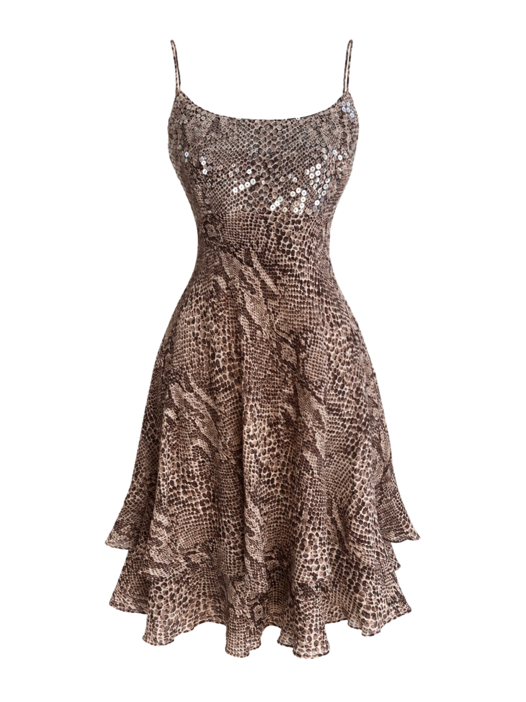 Silk Sequin Animal Print Ruffle Dress