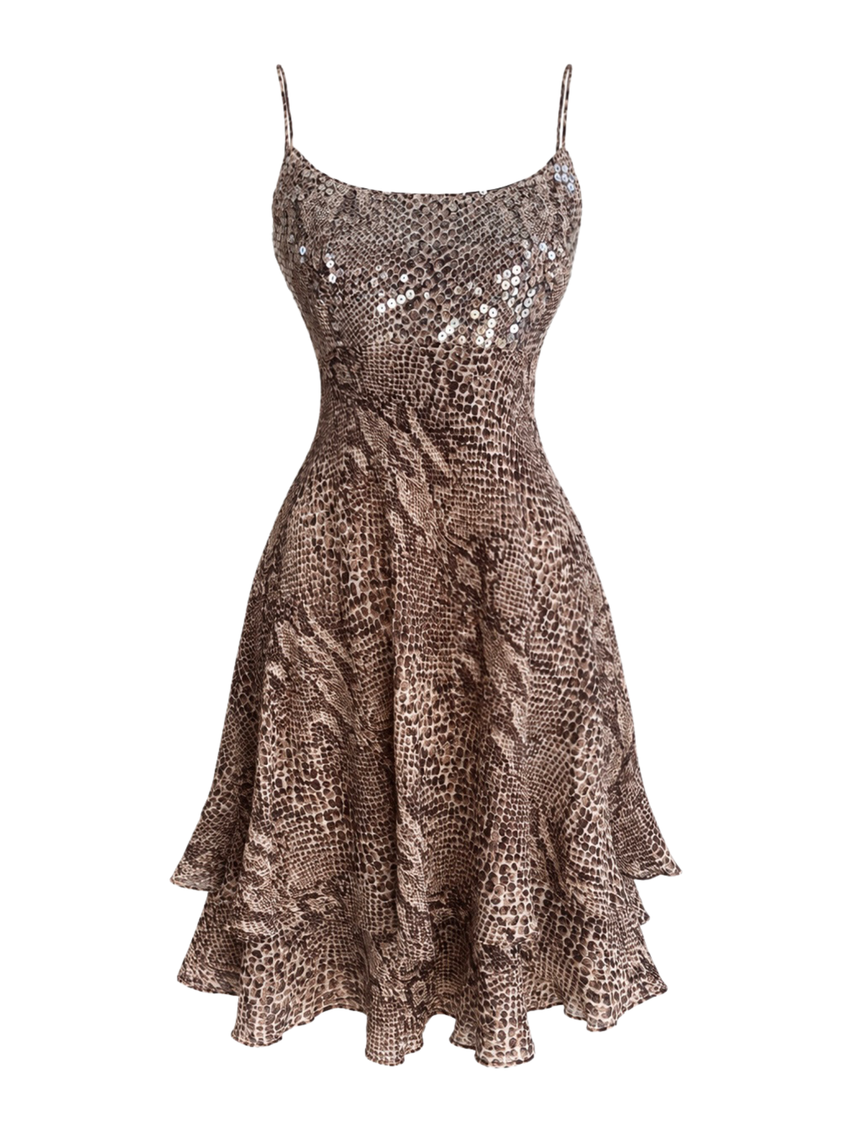 Silk Sequin Animal Print Ruffle Dress