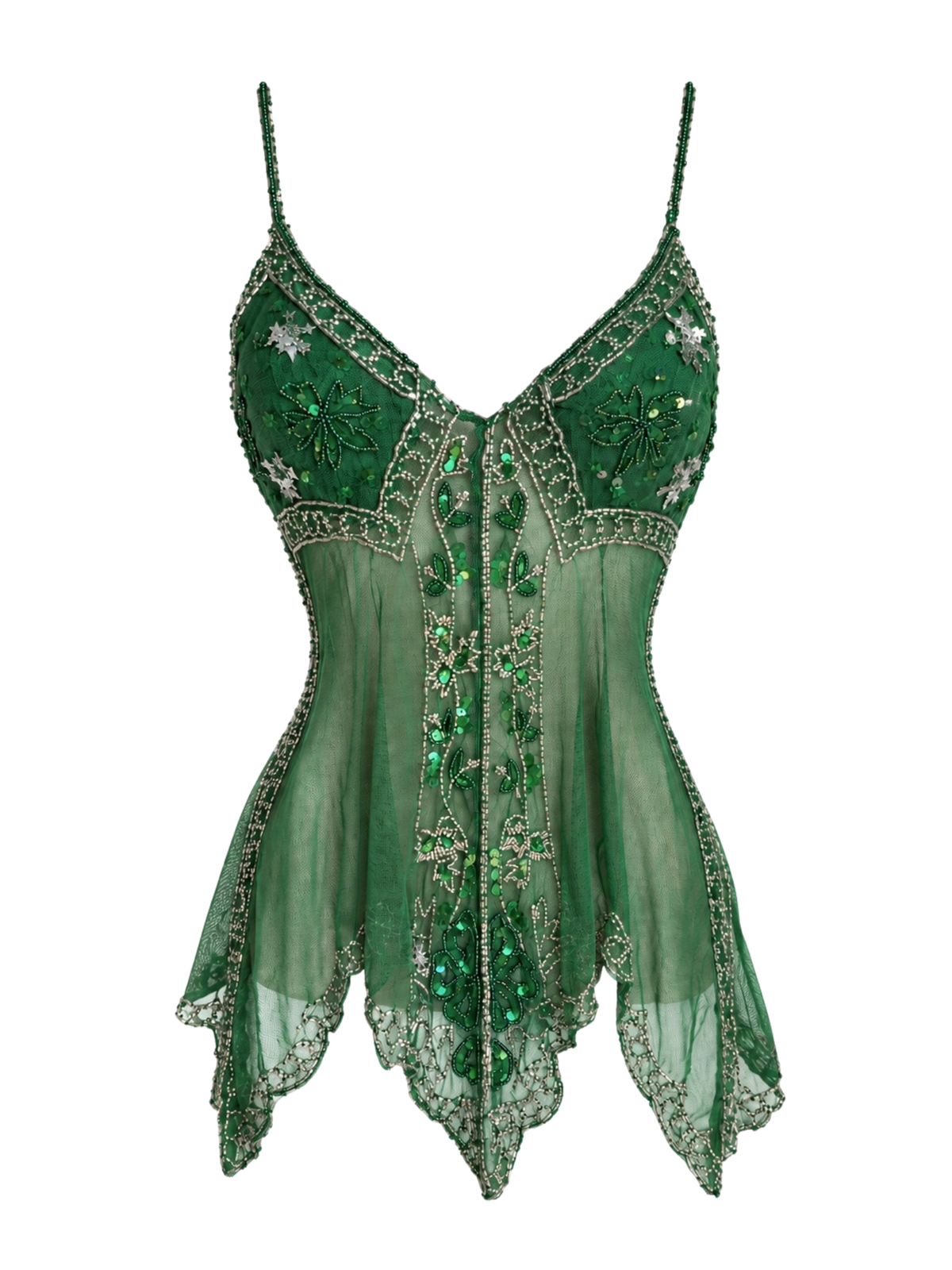 Emerald Fairycore Beaded Camisole Mesh Top