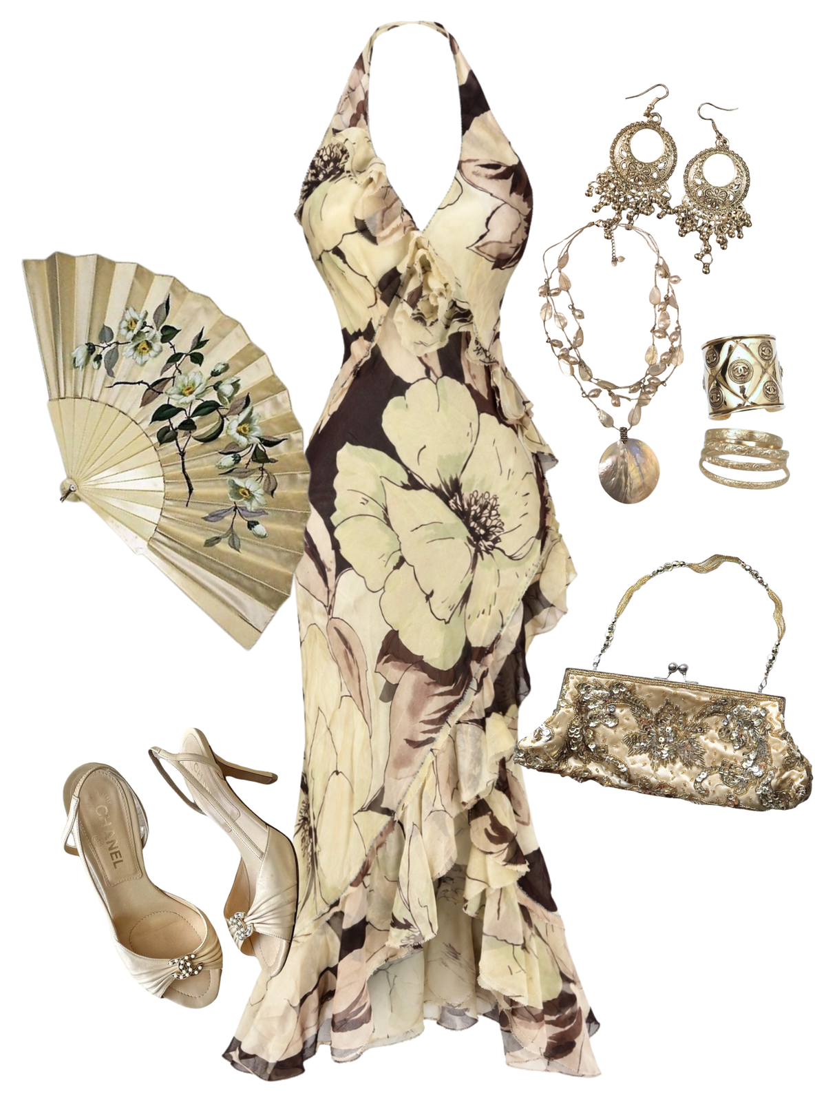 Silk Halterneck Floral Ruffle Dress