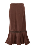 Silk Lace Trim Brown Maxi Skirt