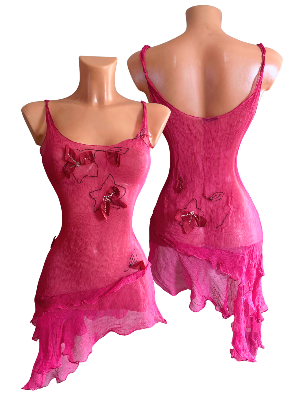 Vibrant Pink Floral Sequin Silk Dress