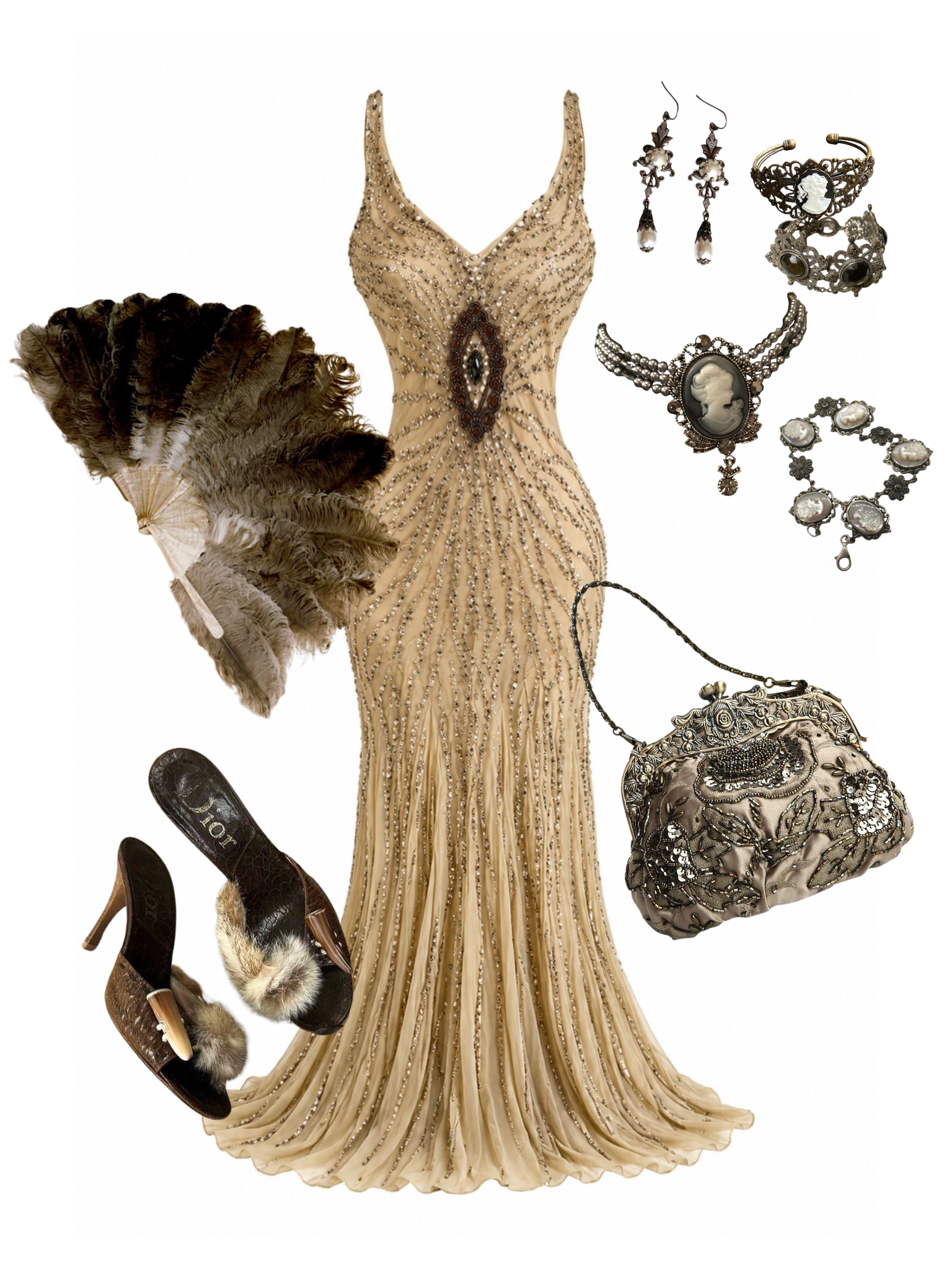 Champagne Beaded Silk Dress