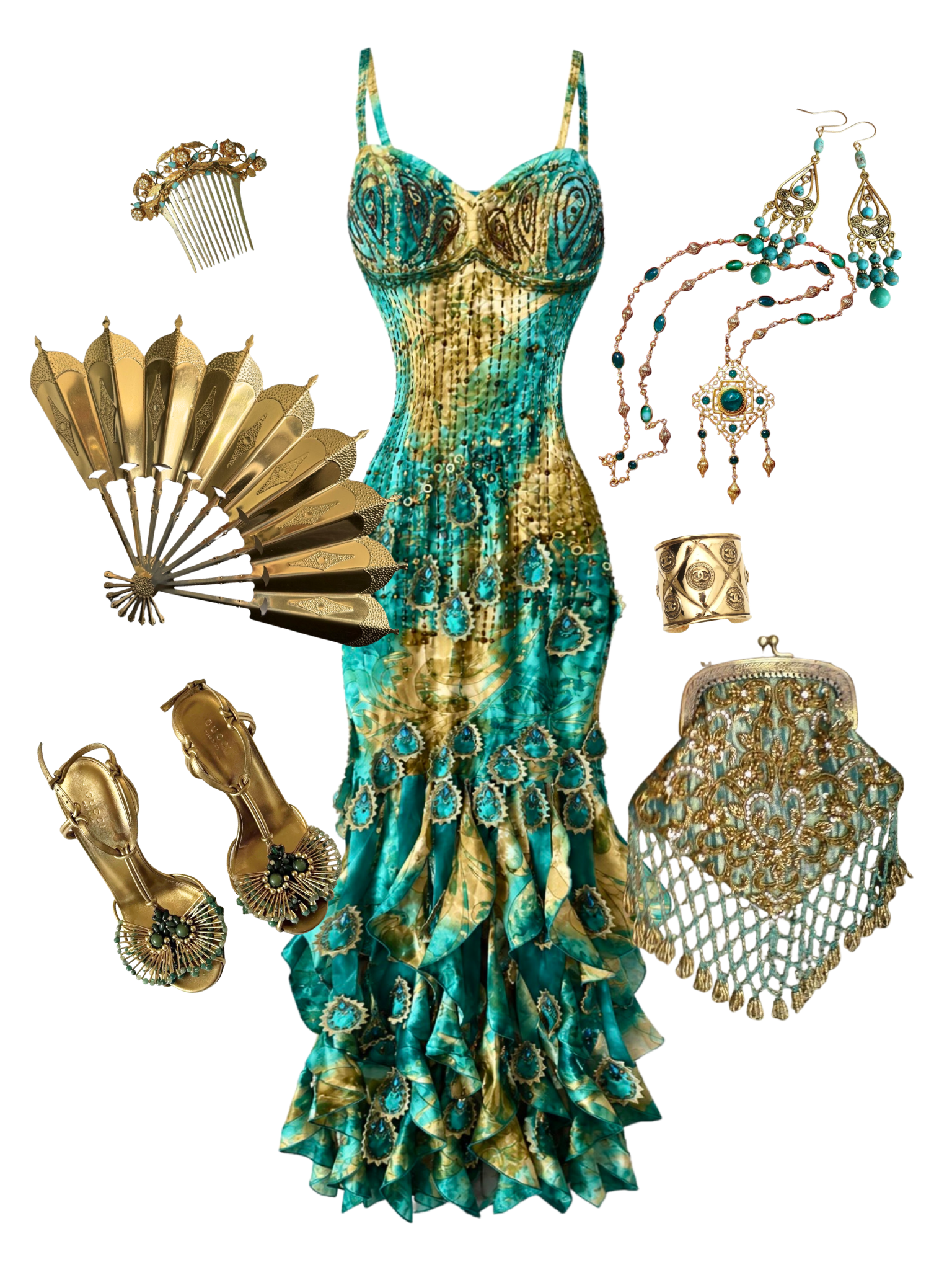 Peacock Teal & Gold Beaded Dress